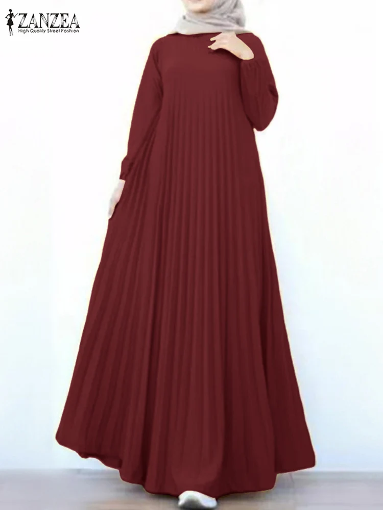 

ZANZEA Women Long Sleeve Maxi Dress Islamic Hijab Muslim Fashion 2024 Fall O Neck Abaya Robe Loose Casual Pleated Long Vestidos