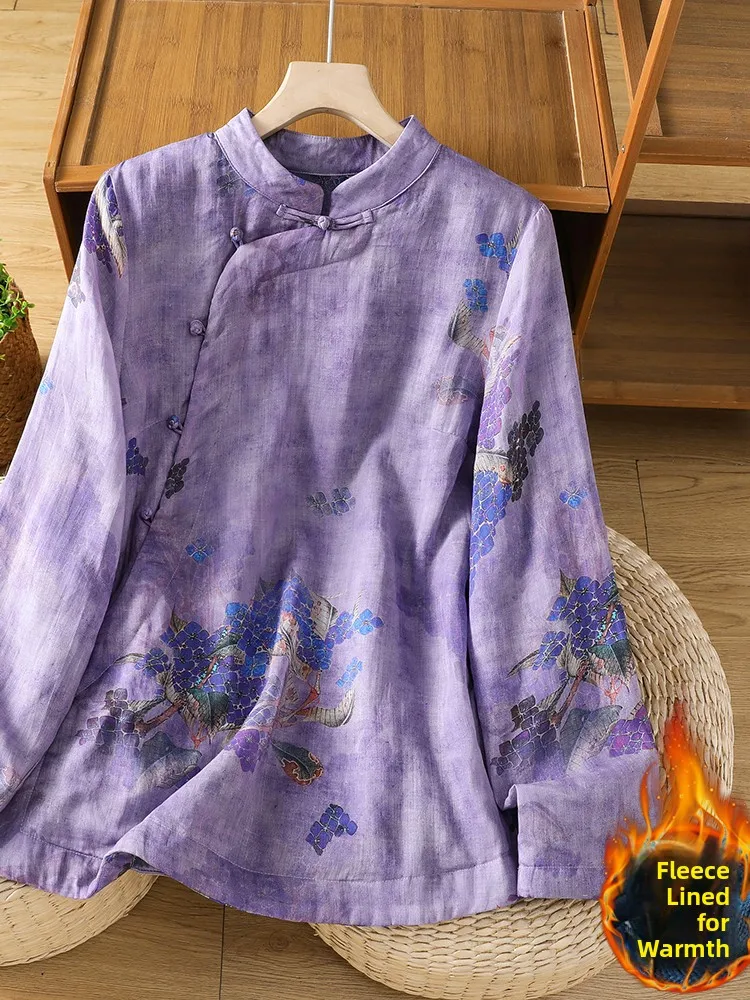 Artistic Loose Linen Fleece Lined Printed Shirt Large Size Women's Traditional Chinese Style Button up Top Winter Outerwear