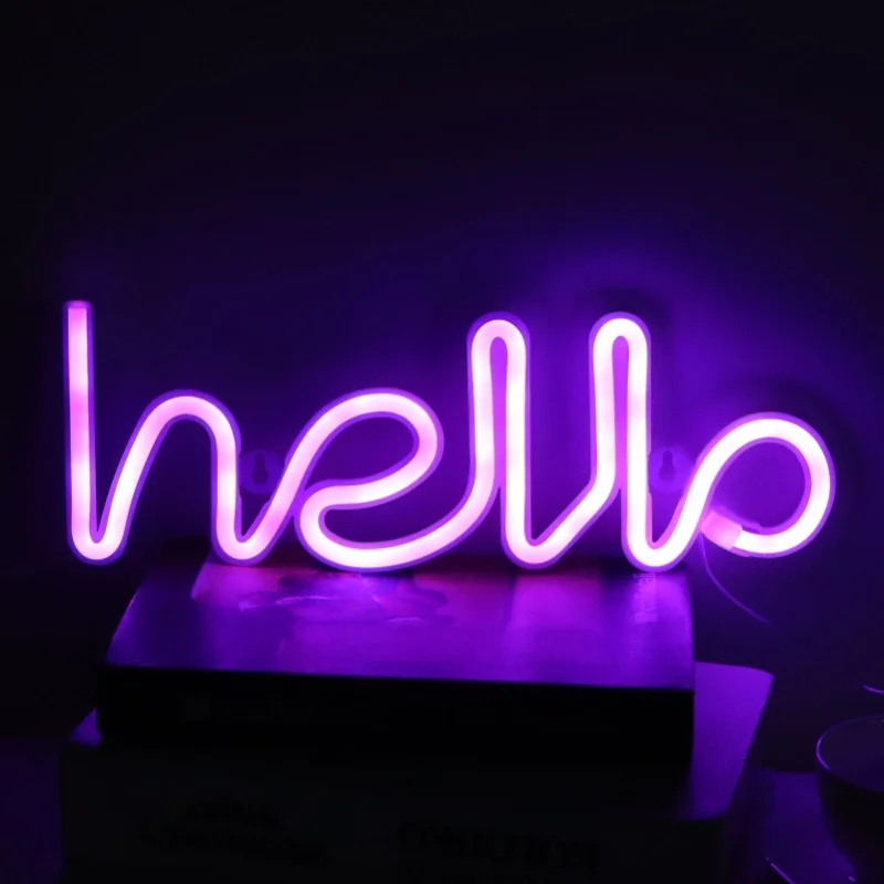 LED Neon Sign Hello Letters Neon Light Wall Decor For Wedding Party USB/Battery PoweredPurple