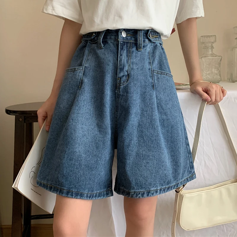 Summer New Women Denim Shorts Loose High Waist Wide Leg Straight Shorts Casual Knee Length Jeans Streetwear Female Clothes