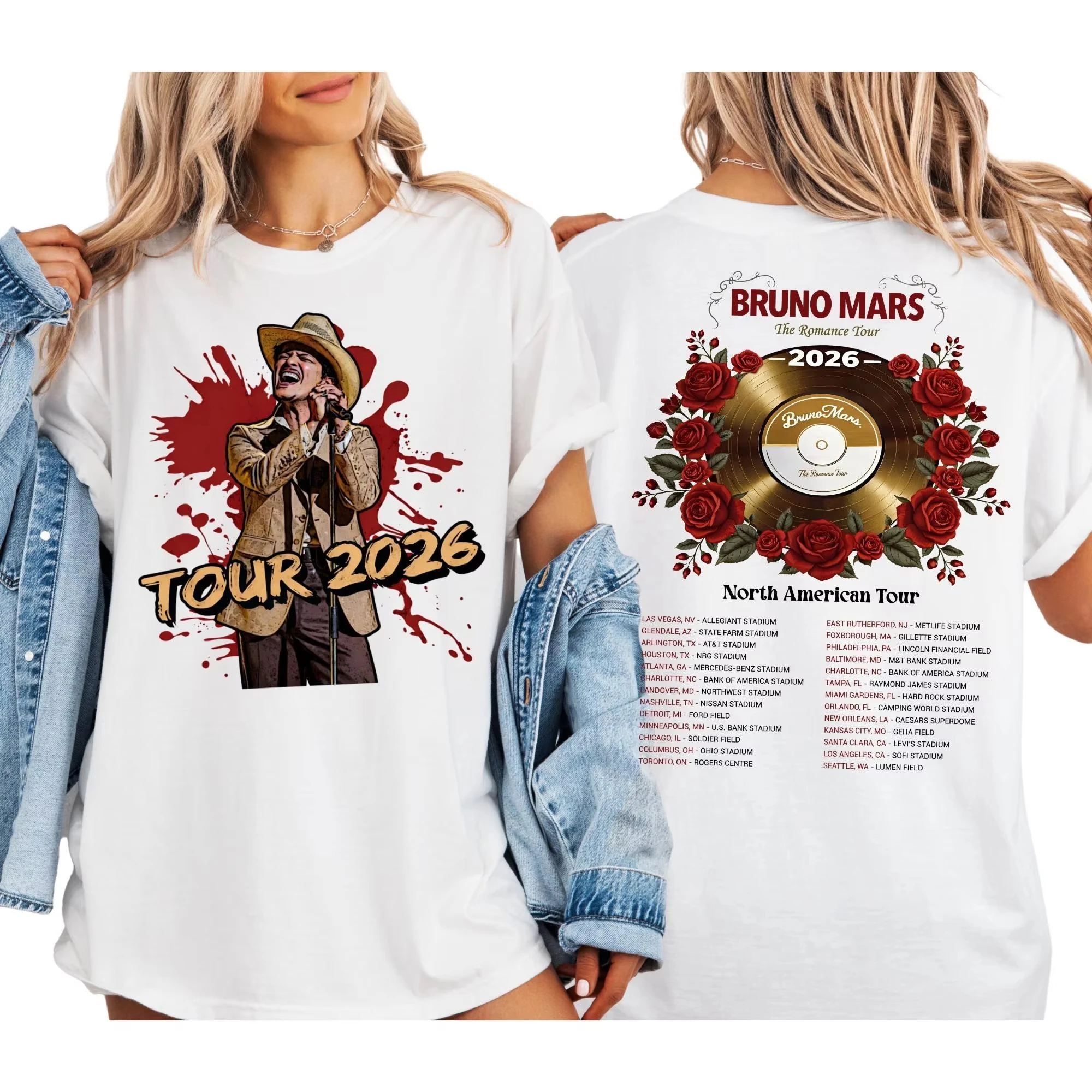 2026 Summer Bruno Mars The Romantic Tour Schedule Dates Two Sided T-shirt Gift for Her Men Women Cotton Oversized T-shirt Y2K