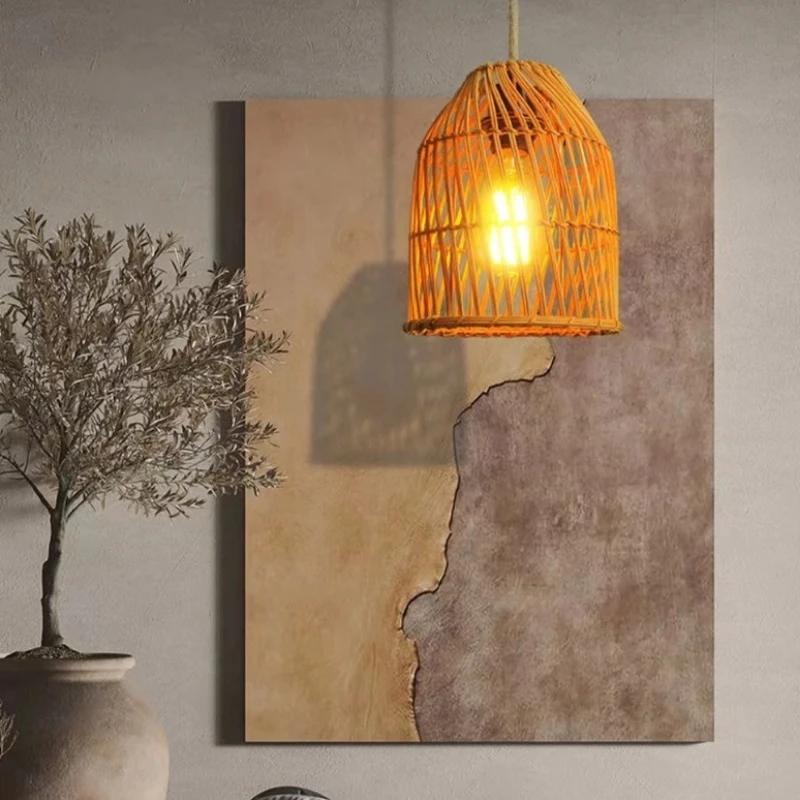 Bamboe Hanglamp Rotan Licht Handgeweven Kroonluchter Café Restaurant Verlichting Woonkamer Art Decor Hanglamp Indoor