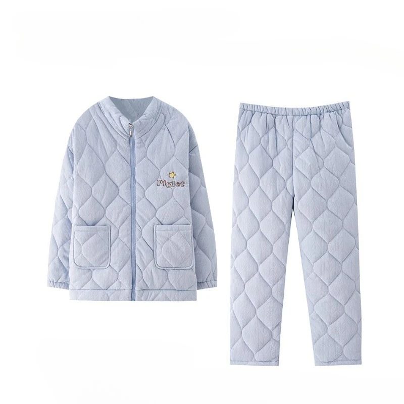 

Winter Three-layer Thickened Pajamas Pure Cotton Women's Padded Cotton-padded Jacket Set Warm Home Wear That Can Be Worn Outside
