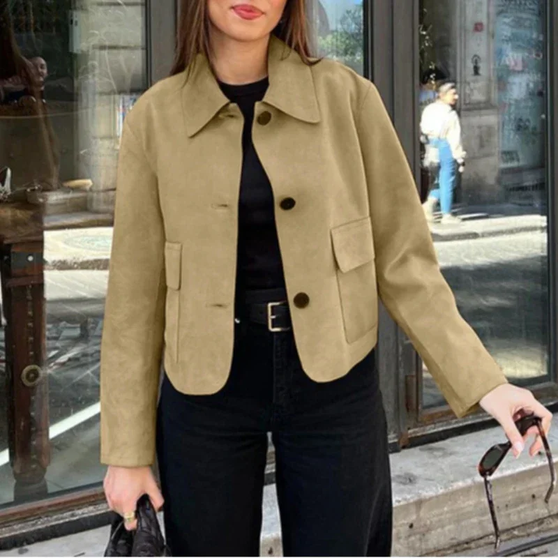 Comfortable Casual Women's Suit Jacket Suede Button-Down Lapel Pocket Jacket Jacket 2024 Fall Ethos Commuter Womenswear