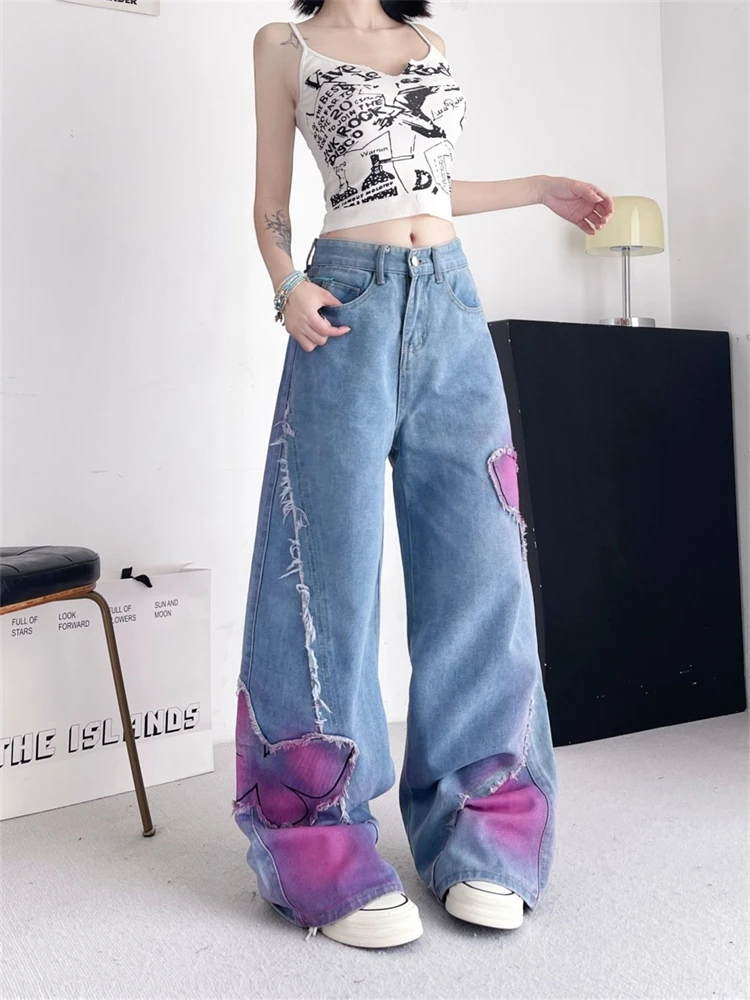 

Women's Tie Dyed Butterfly Embroidery Design Jeans Summer Unisex Denim Trousers Young Girl Bottoms Female High Waisted Pants