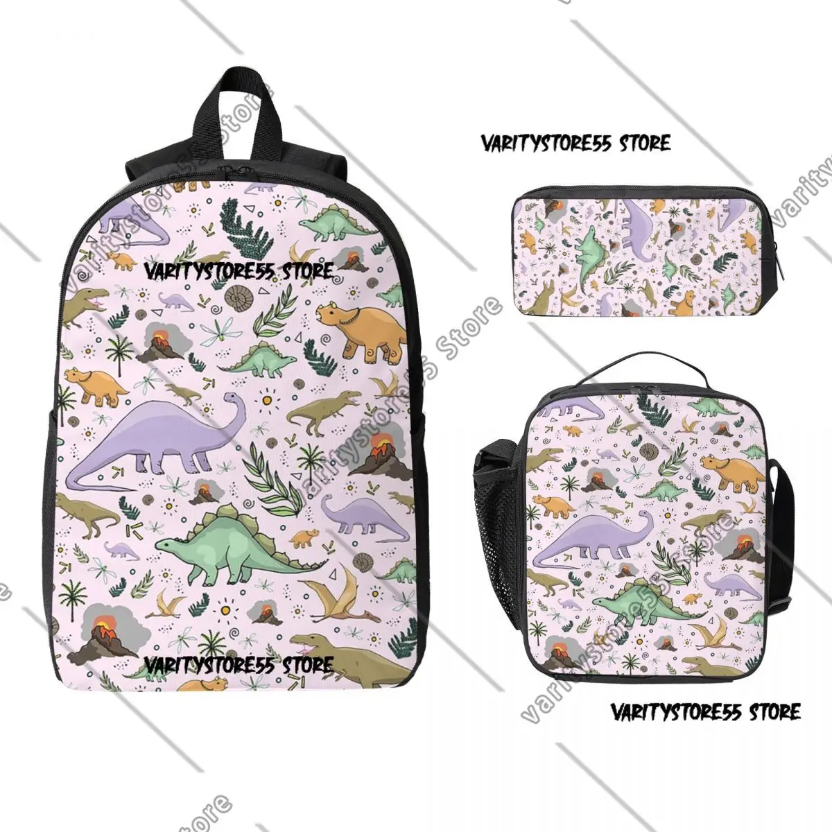 

Рюкзак с изображением динозавров в розовом цвете для школьников, мальчиков и девочек, сумка для ноутбука, сумка через плечо, 3 предмета: термосумка для обедов, пенал