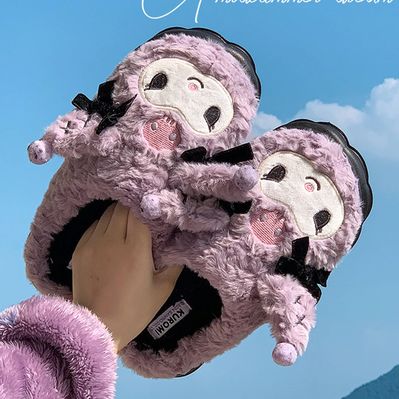 Sanrio Slippers Kuromi Plush Cotton Slippers Suitable Winter Home Slippers Women Thick Sole Keep Warm Cotton Shoe Christmas Gift