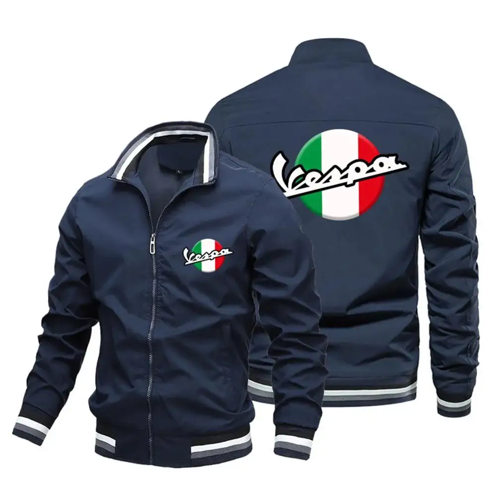 

Men's original design casual classic jacket Vespa motorcycle Logo printed windproof stand collar pilot riding loose coat 2024