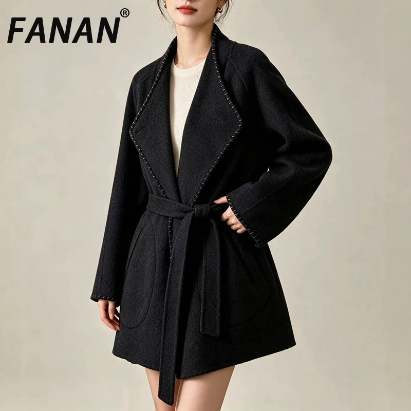 FANAN Women Wool Blend Coat Notched Lapel With Stitch Trim Belted Waist Short/long Loose Warm Autumn Winter Wool Overcoat