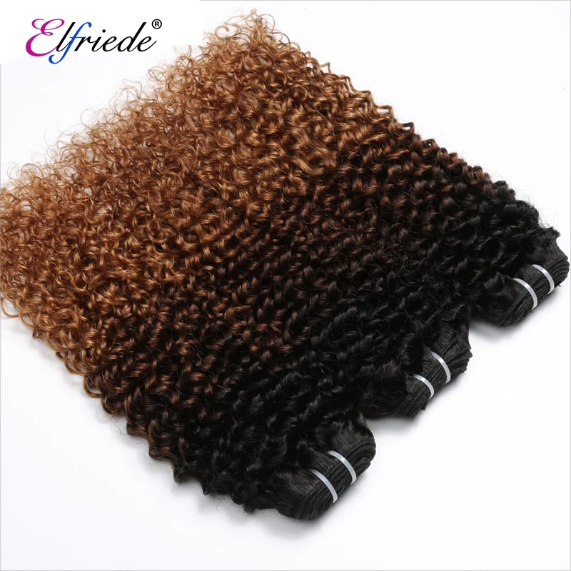 ElfriEZE-Pacotes de cabelo colorido Kinky Curly Ombre com Frontal, 100% cabelo humano tece, 3 Pacotes com renda frontal, 13x4, 1B, 4, 30