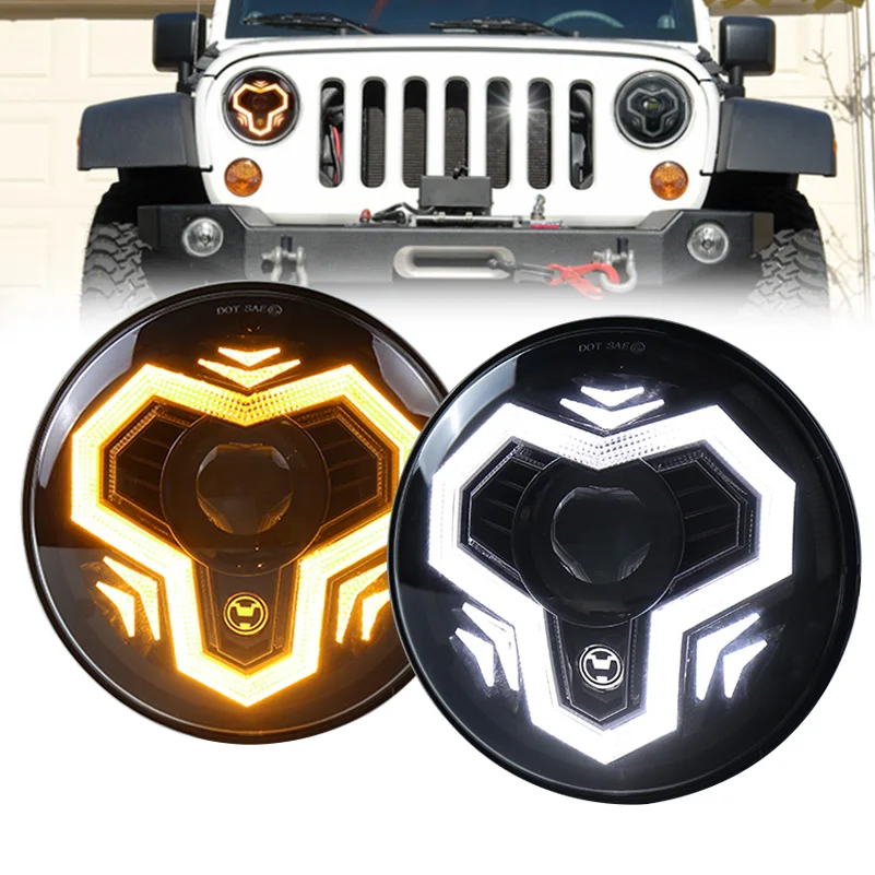 

2 шт. Автомобильные 7-дюймовые светодиодные фары DRL Halo Янтарный указатель поворота для Jeep Wrangler JK TJ CJ LJ Lada Defender Suzuki Hummer Фара.