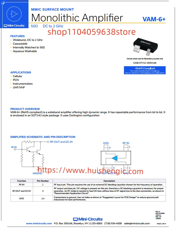 VAM-6+      RF Amplifier IC Cellular, UHF, VHF 0Hz ~ 2GHz SOT-143