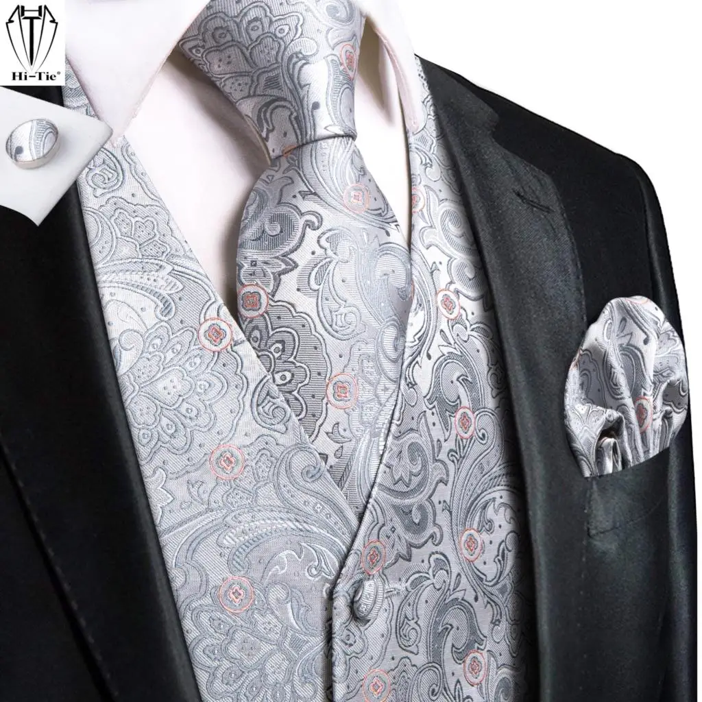

Hi-Tie Silver Grey Floral Silk Mens Vest Tie Set Jacquard Waistcoat Sleeveless Jacket Necktie Hanky Cufflinks Wedding Business