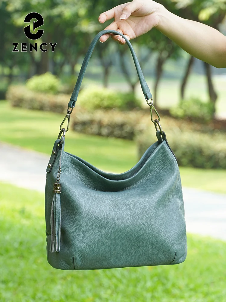 Zency Elegant Leather Bag For Women 100% Cowhide Leather Shoulder Bag Handbag High Quality Lake Green Satchel For Mom Aunt Wife