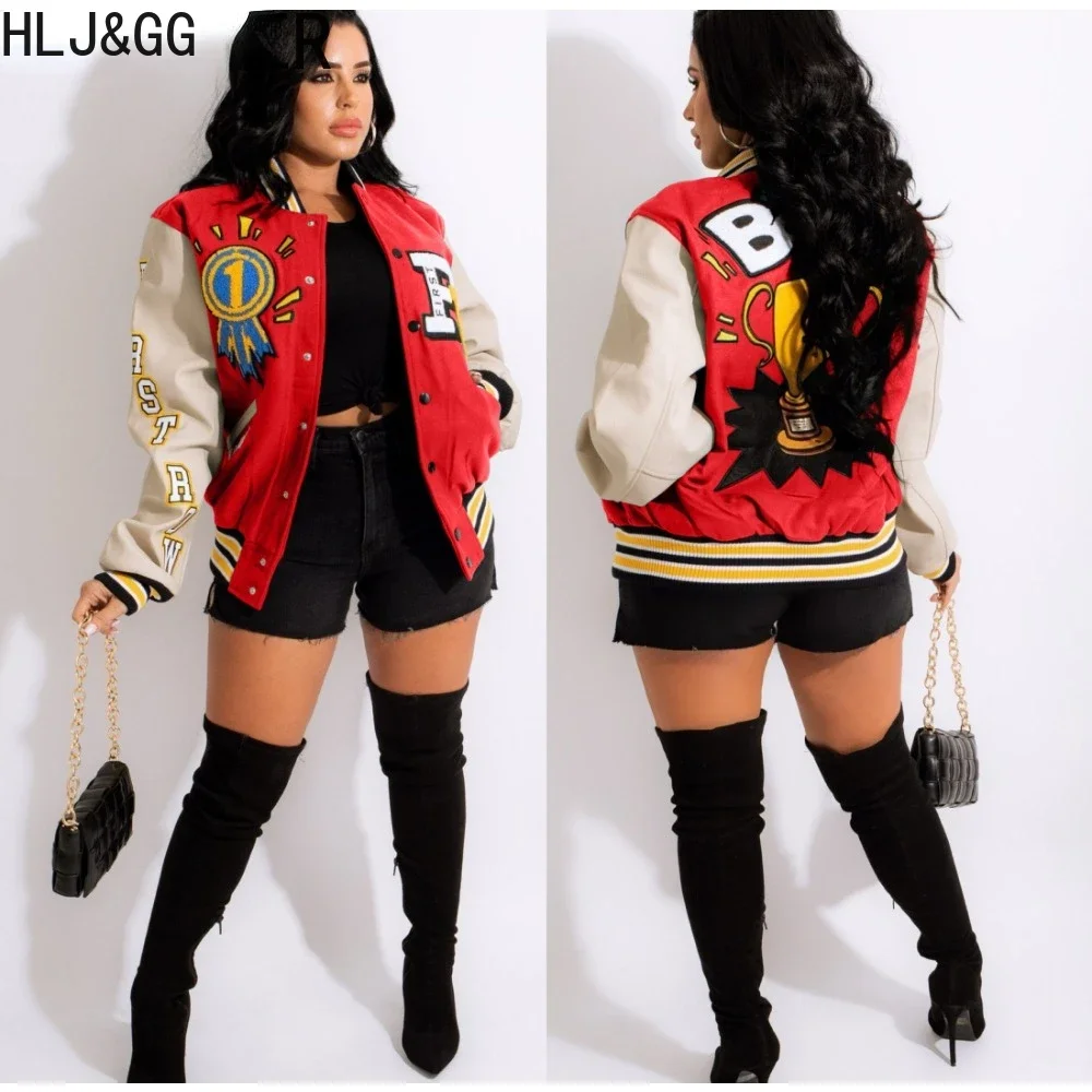 HLJ&GG Autumn Casual Letter Printing Baseball Jacket Women Button Long Sleeve Pocket Patchwork Coat Female Loose Streetwear 2023