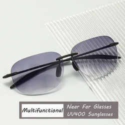 Fashion Ultralight Bifocal Glasses Trendy Anti-blue Near and Far Reading Glasses Sqaure Rimless UV400 Sunglasses for Men Women