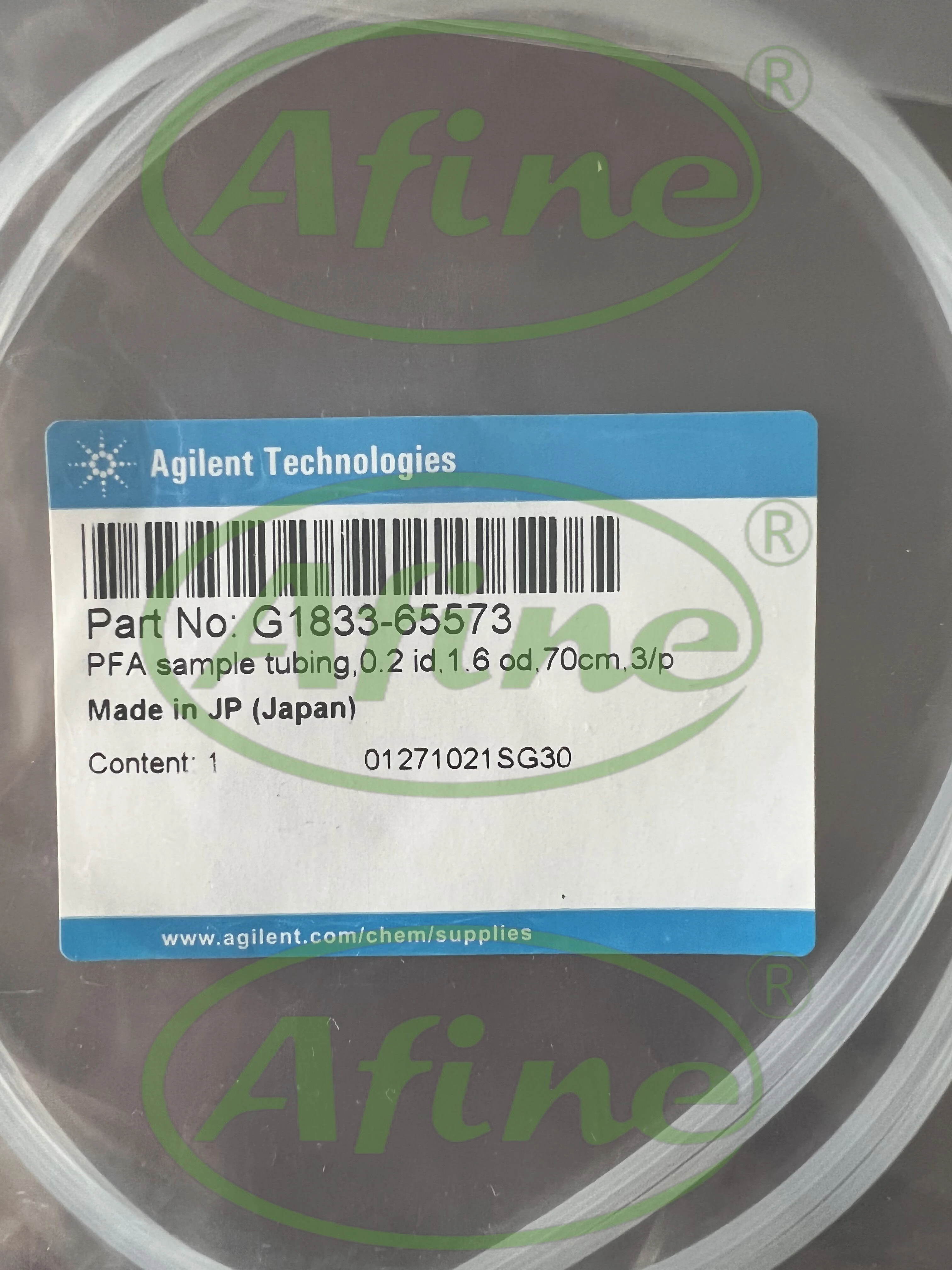 

AFINE Agilent PFA Sample Tubing, 1.6 mm OD, 70 cm, 3/pk: G1833-65573 (0.2 mm ID) and G1833-65572 (0.15 mm ID)