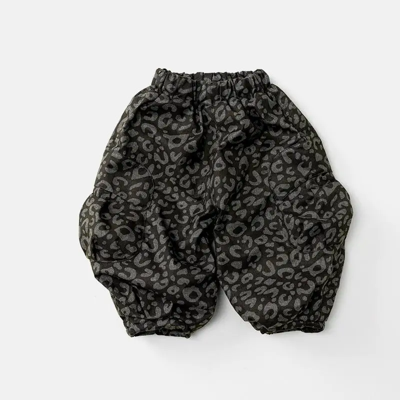 

2025 Winter New Children Fleece Trousers Fashion Leopard Print Kids Boys Casual Pants Baby Girls Plus Velvet Thick Warm Pants
