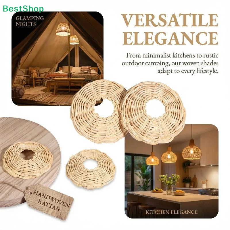 〔R〕Handwoven Rattan Lamp Shade Ring, Natural Woven Rattan Light Fixture Cover for DIY Pendant Light & Table Lamp Decor