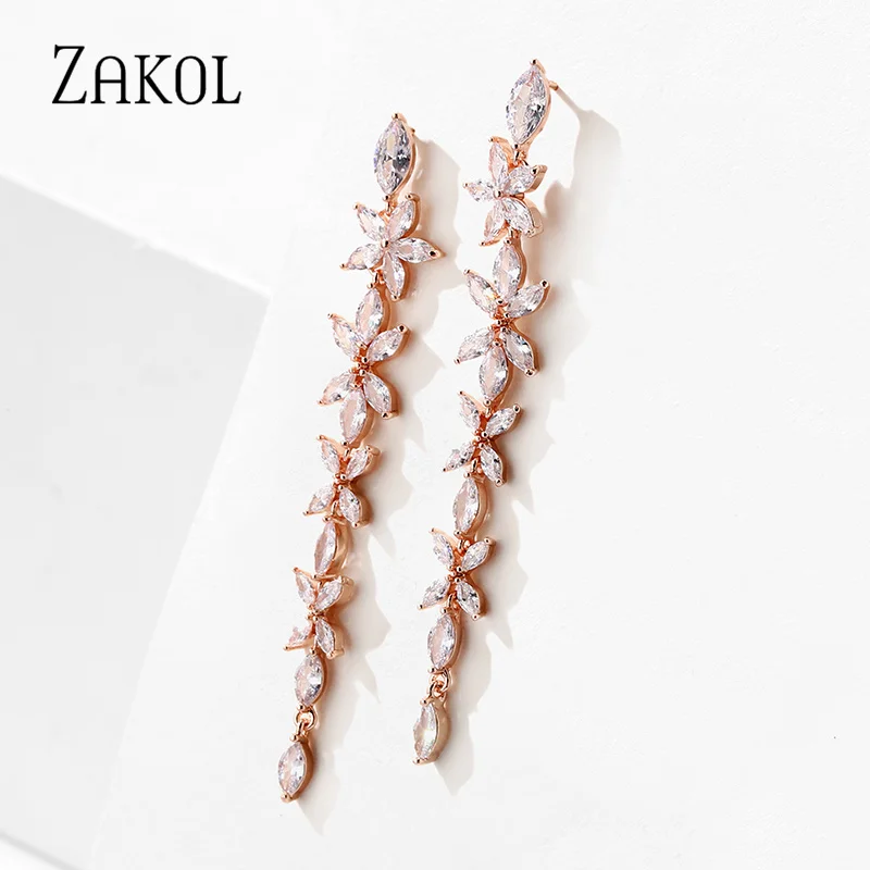 ZAKOL Fashion Cubic Zirconia Flower Long Dangle Earrings for Women Shining Rose Gold Color Bridal Wedding Engagement Jewelry