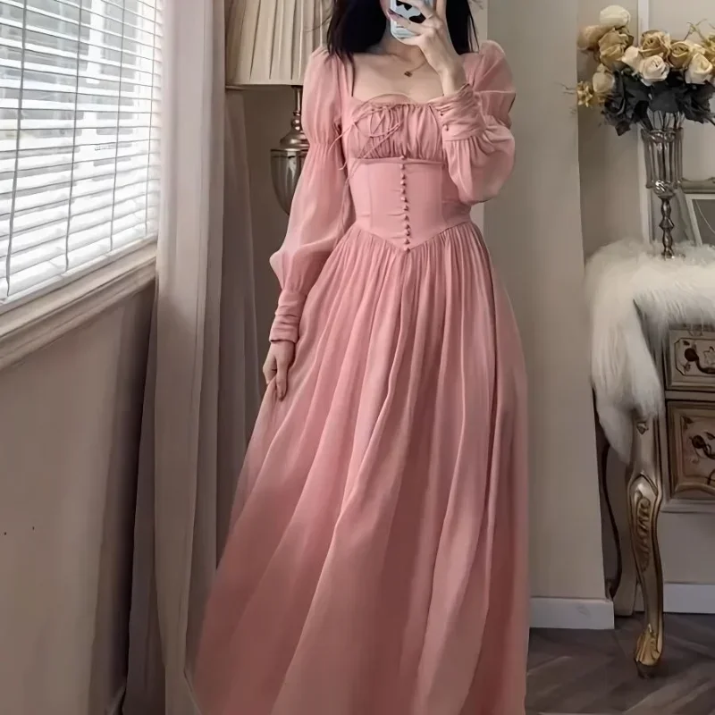 French Retro Square Neck Corset Princess Prom Dress Women 2024 Spring Long Sleeve Elegant Pink Female Long Slim Evening Dresses