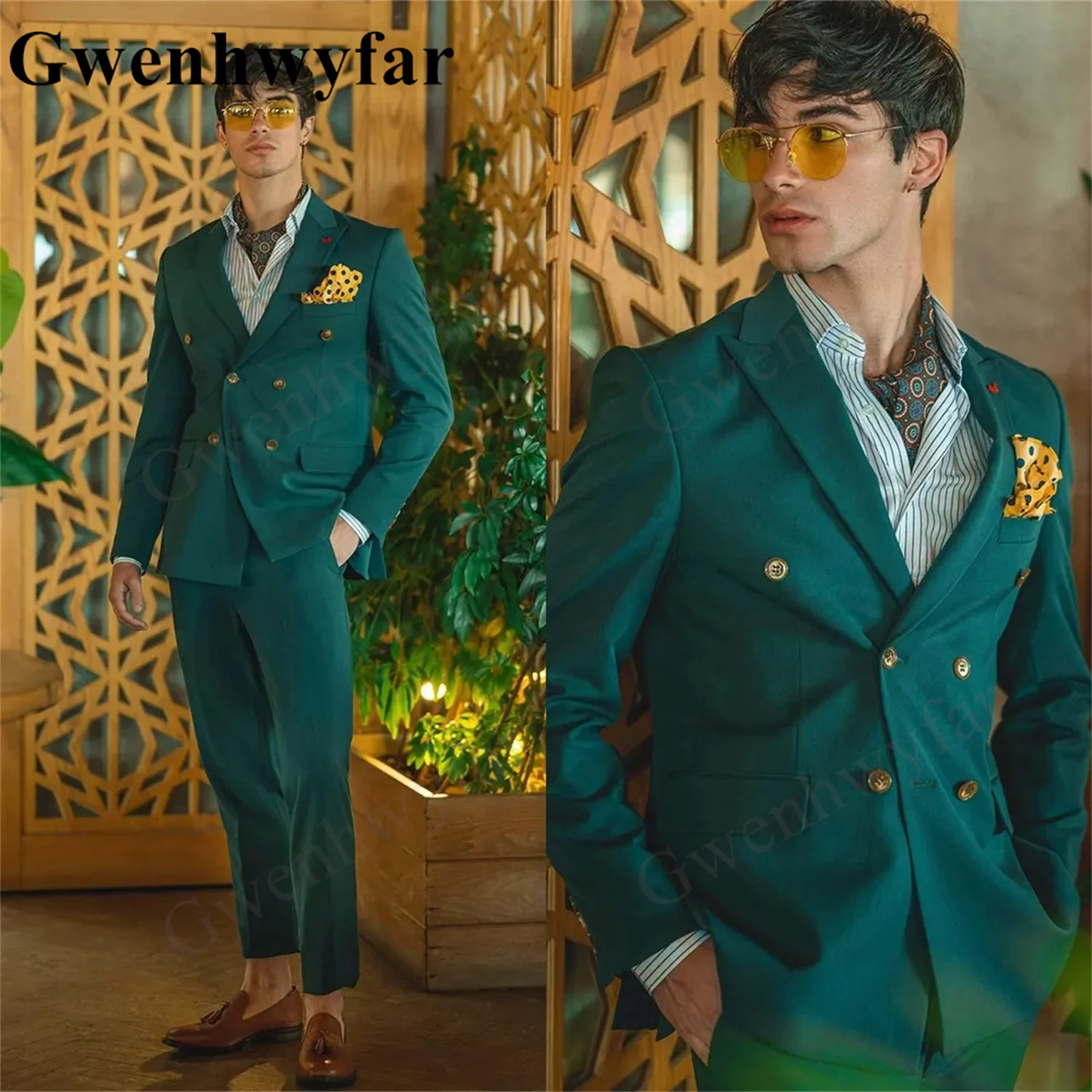 

Gwenhwyfar Green Men's Suits Tailored 2 Pieces Blazer Pants 4 Button Double Breasted Peaked Lapel Wedding Formal Custom Handcut
