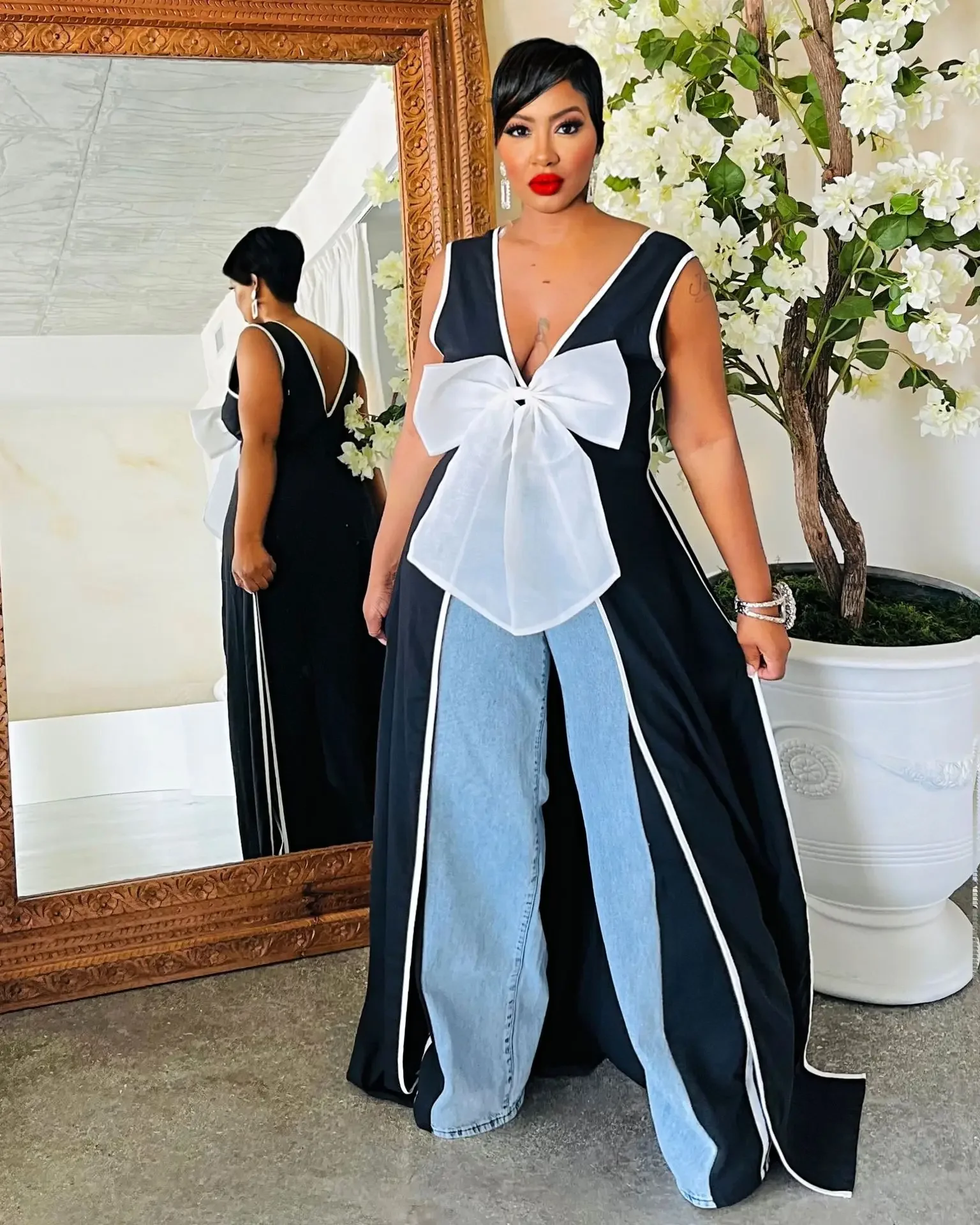 

Summer Holiday Sleeveless Big Bow V-Neck Long Maxi Dress High Split Street Women Lady Club Party Night Vestido Dresses