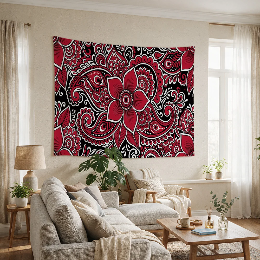 Boho Macrame Tapestry Wall Hanging Red Black Paisley Ethnic Bohemian Living Room Decor Art