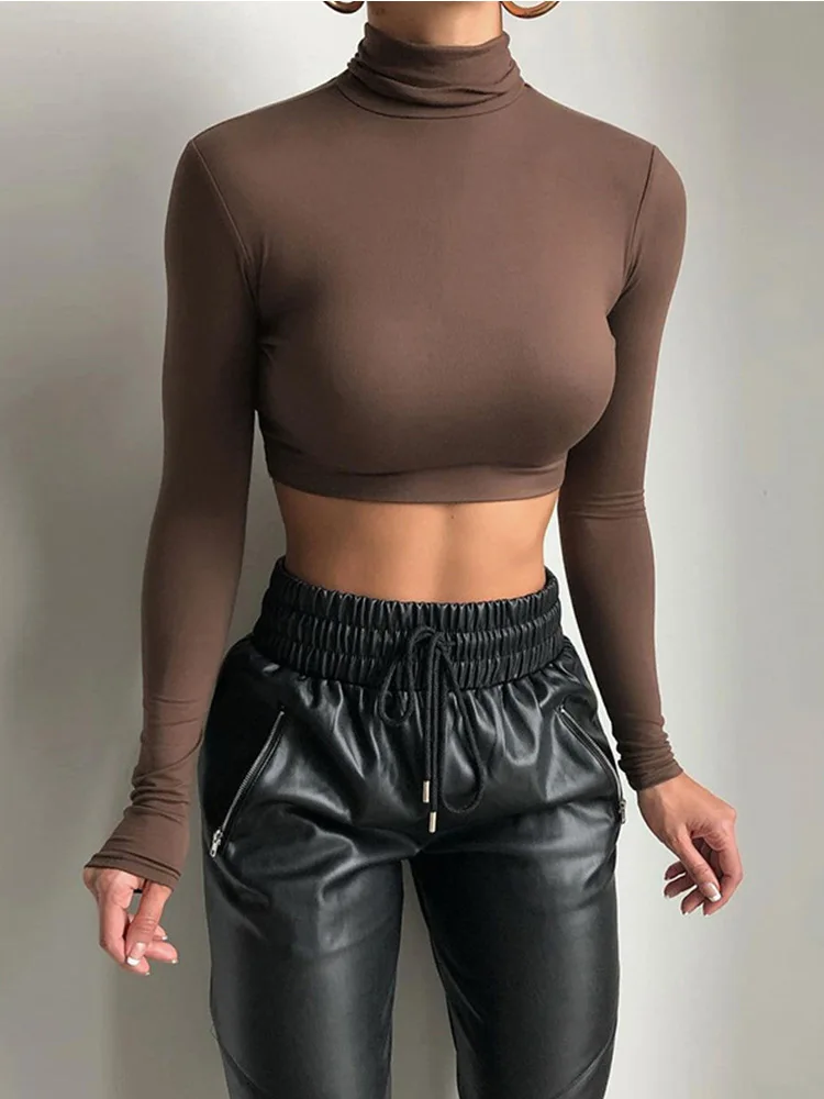 Basic Sheath Women Solid Turtleneck Tshirt Autumn Stretch Casual Undershirt Female All-match Street Activity Crop Tops
