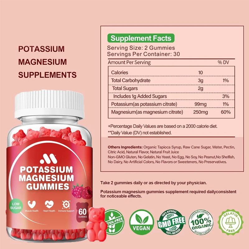 Potassium magnesium gummies, potassium supplements, high absorption support, leg spasms, muscle relaxation, 60 gummies