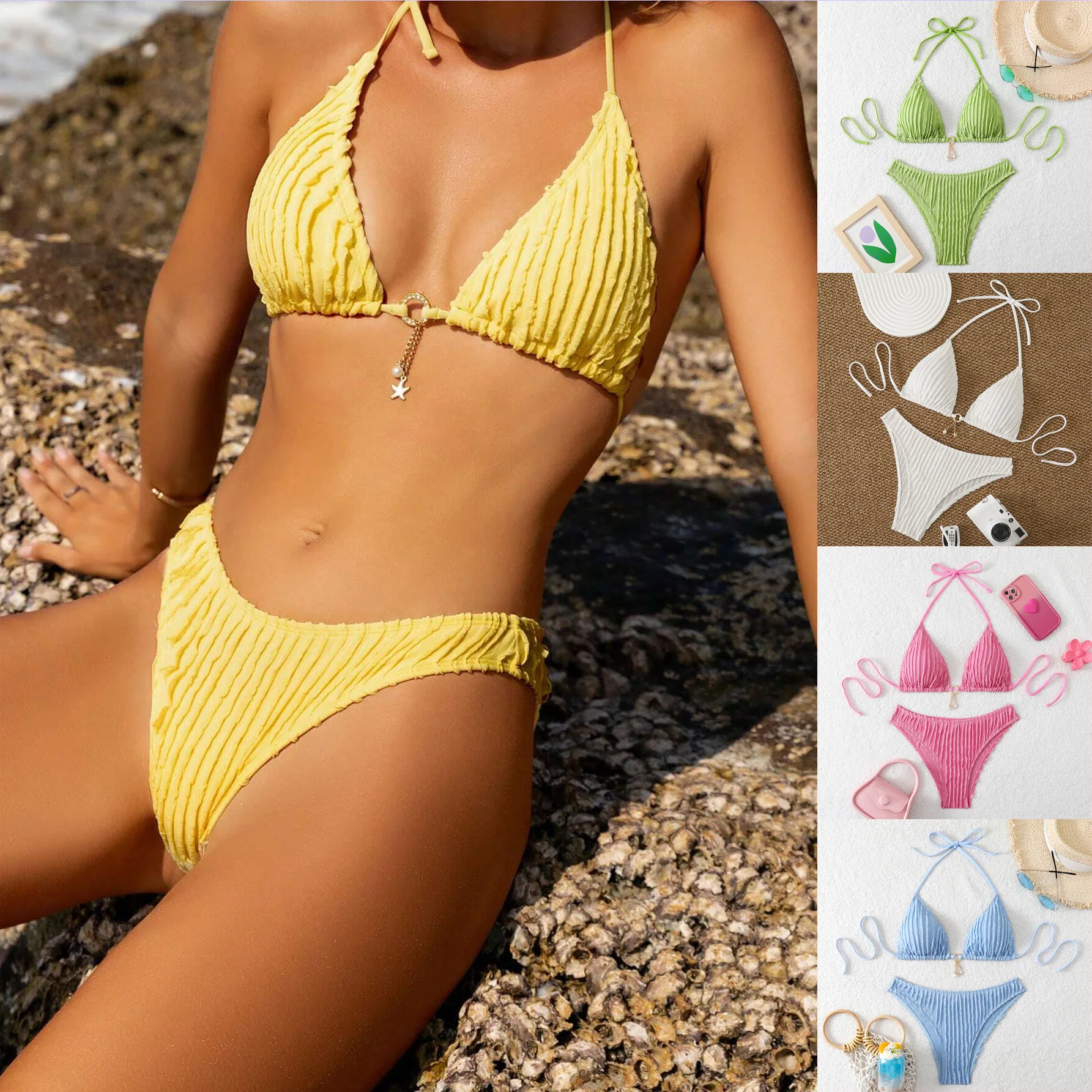 

Bathing Suit Women European And American Small Fresh Special Fabric Drawstring Straps Swimsuit Women's Bikini Bikini