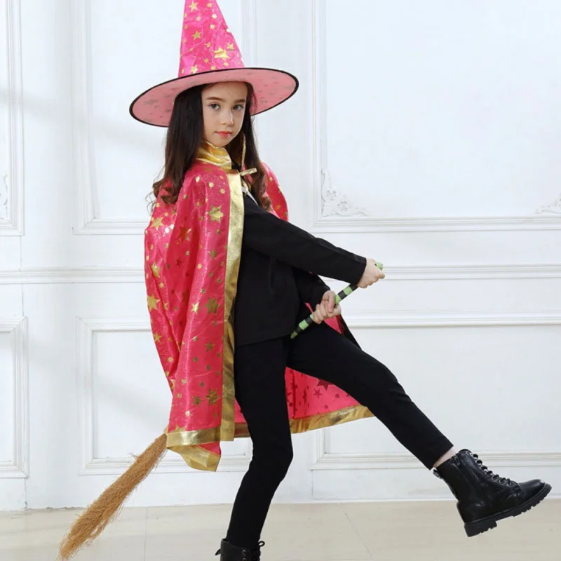 2Pcs Children Cosplay Supplies Wizard Hat+Cloak Kids Halloween Party Stage Performance Costume Chic Colorful Cosplay Accessories