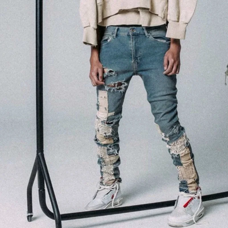 

Blue Men's Jeans Streetwear Destroyed Ripped Jeans Homme Hip Hop Broken Modis Male Pencil Lace Embroidery Patch Pants New