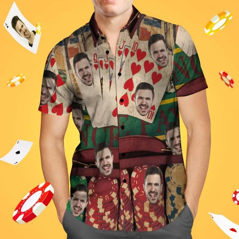 Kemeja Hawaii wajah kustom untuk pria, baju Poker Aloha cetak 3d Diy foto pantai hadiah untuk pria