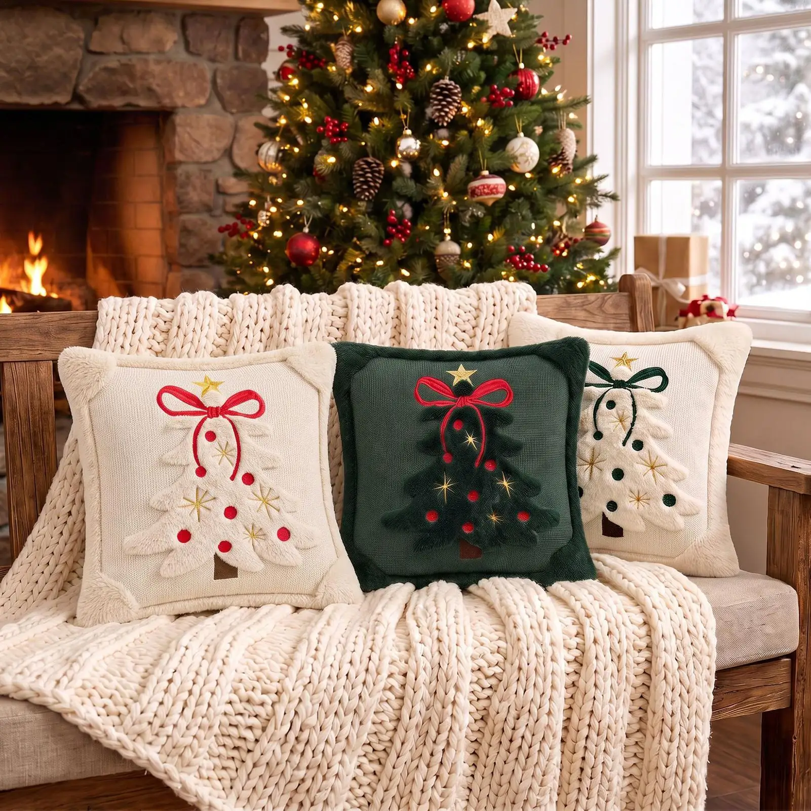 Christmas Pillow Cover Christmas Tree Bow Soft Cushion Decoration 45x45cm Throw Pillow Cases for Home Bedroom Living Room Couch