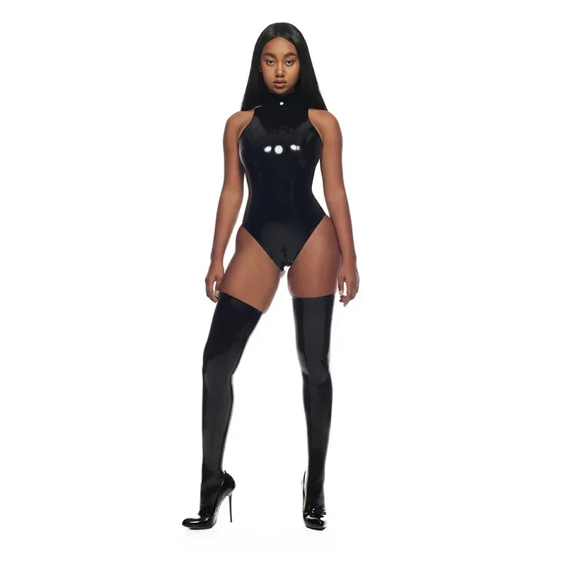 Sexy Sleevess Faux Latex Bodysuits Women Wet Look Patent Leather Bodysuits High Neck Stretch PU Bodycon Bodyduits Clubwear New