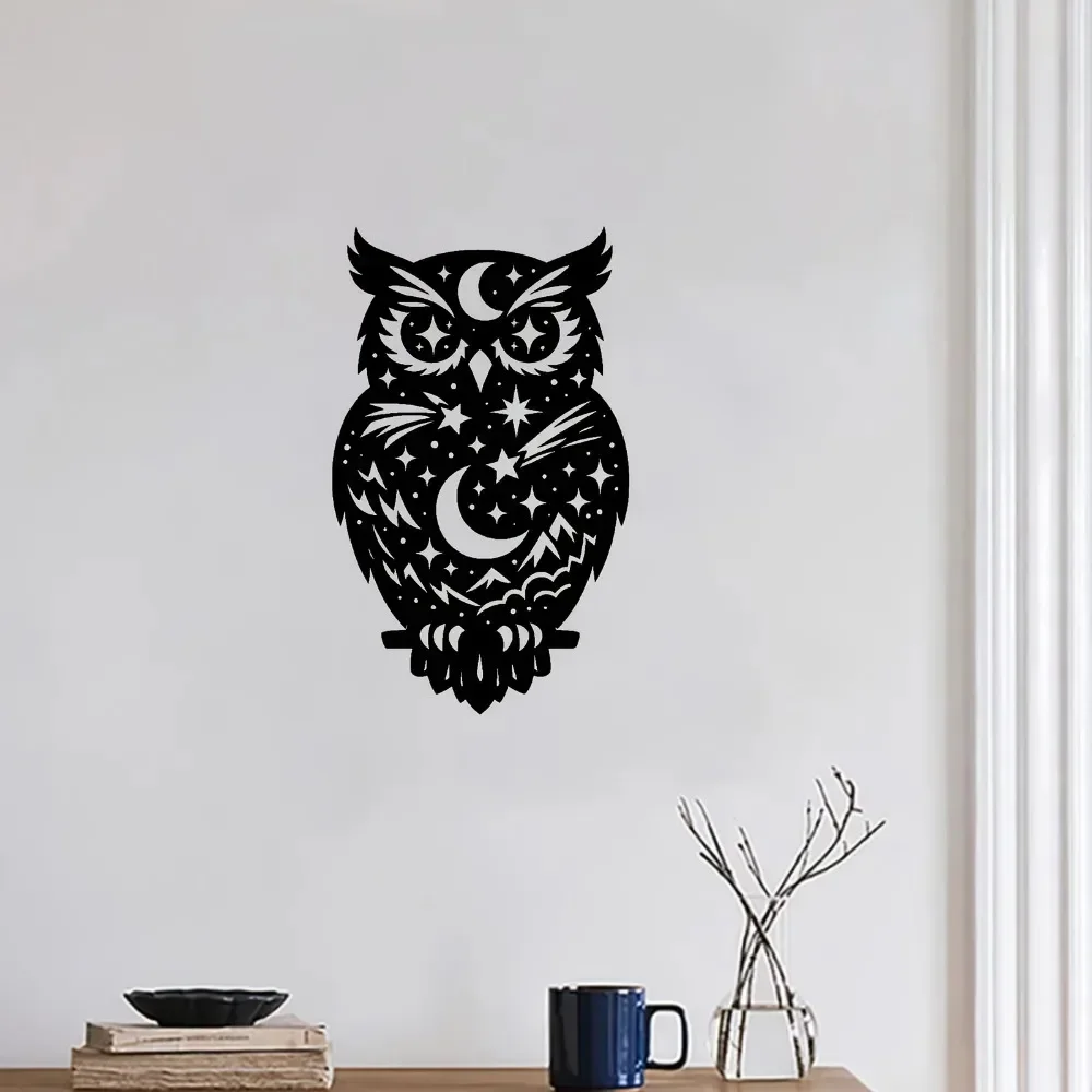 CIFBUY Arte de Pared Metálico, Silueta de Búho y Luna Estrellada, Decoración Mística Boho para Dormitorio y Sala de Estar, Letrero Colgante de Hierro Negro, Decoración para el Hogar