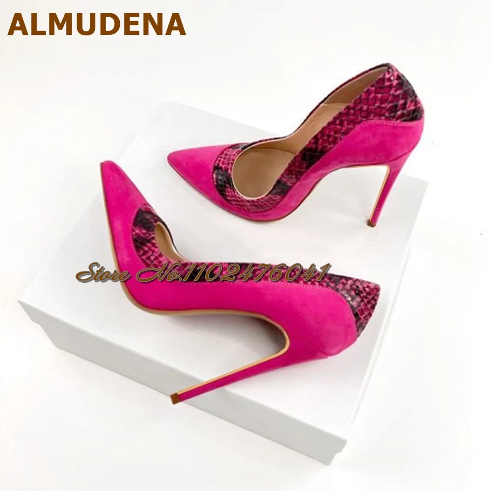 ALUMUDENA Pink Suede Snakeskin Patchwork Wedding Shoes 12cm 10cm 8cm Thin High Heel Pointed Banquet Pumps Slip-On Python Shallow