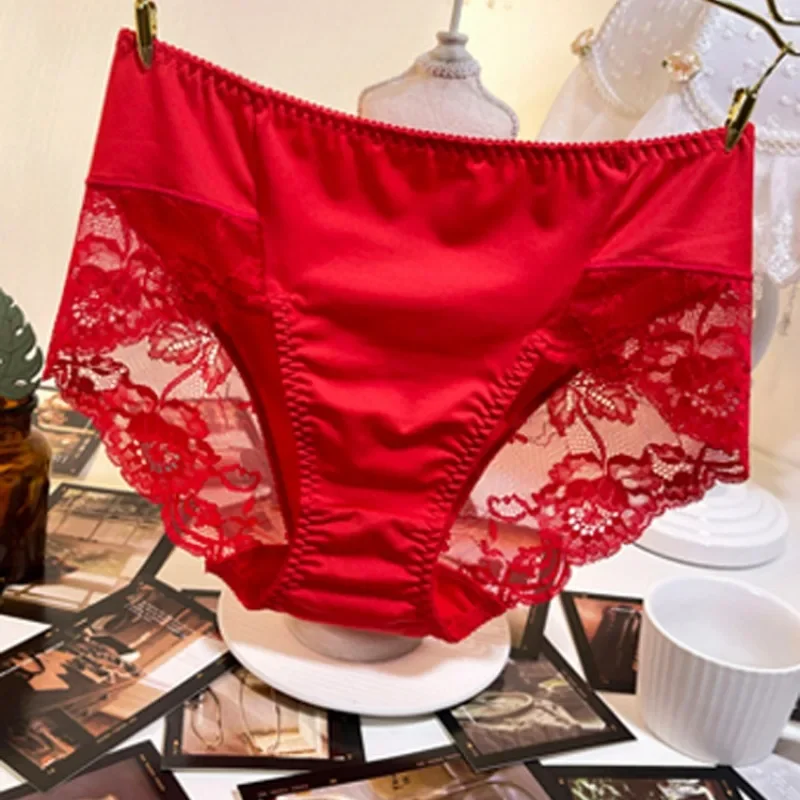 

Milk Silk Underwear Women's Medium and High Waist Ice Silk Seamless Cotton Crotch Large Size Fat Sexy Lace Thin Briefs Mujer