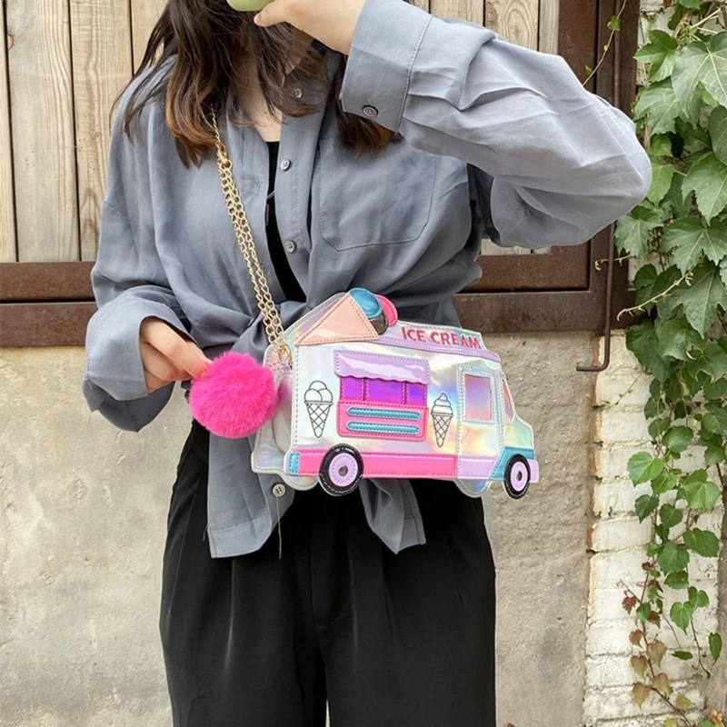 Femmes fille dessin animé crème glacée en forme voiture en cuir PU à main épaule messager à bandoulière sacoche à