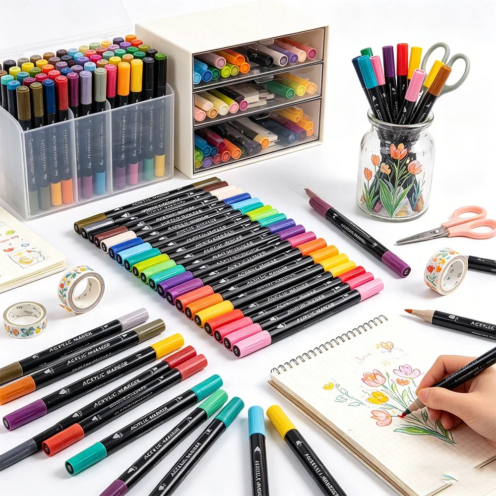 

24 Colors Acrylic Paint Pens Dual Tip - Brush & Fine Tip Markers for Stone, Wood, Ceramic, Glass, Fabric DIY Crafts Art Pens