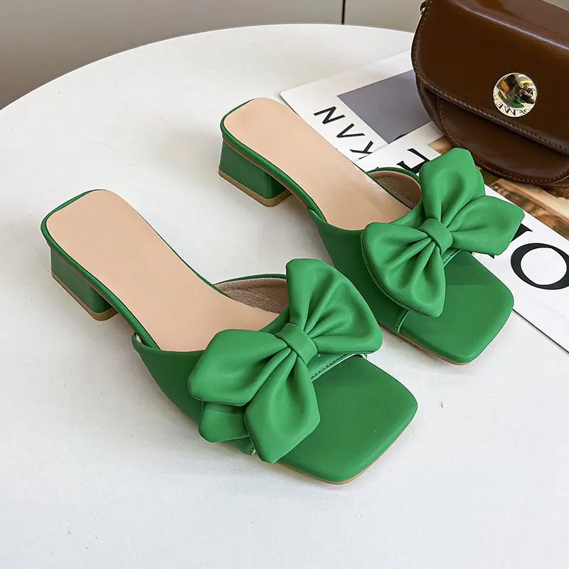 2024 Summer Square Heels Slippers Women Mules Green Butterfly-knot Slides Sandal Shoes Female Plus Big Size 45