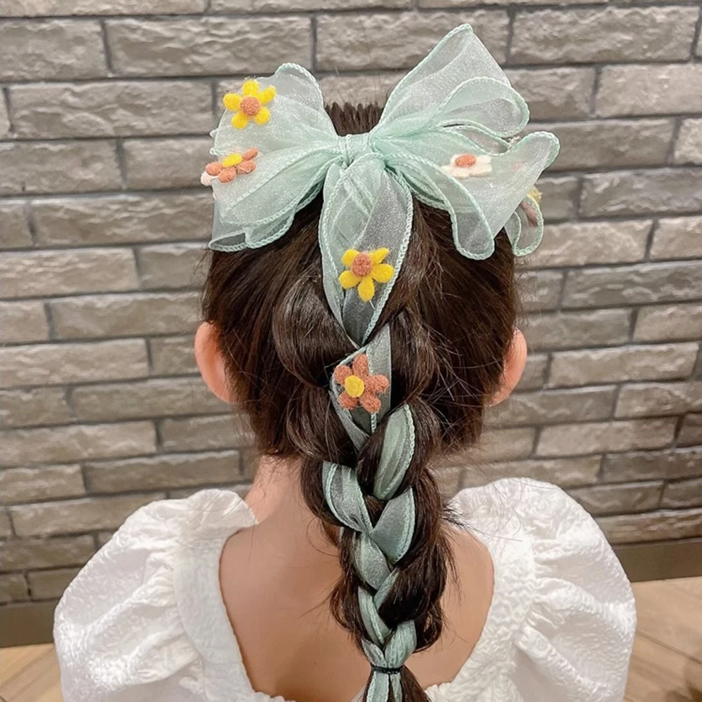 Students Hair Accessories Sweet Flower Bow Hair Clips For Girls Long Ribbon Chiffon Hairpin Children Kids Barrettes