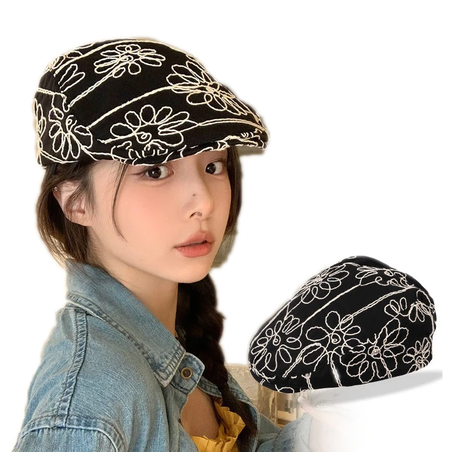 

Women's Newsboy Hat Summer Flower Embroidery Beret Girl French Artist Painter Caps Ladies French Breathable Octagonal Beret Caps