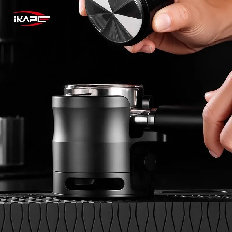 IKAPE Openwork Coffee Handle Holder—Italian Espresso Tamper Base Support, Aluminum Alloy, Black, 51/54/58 mm