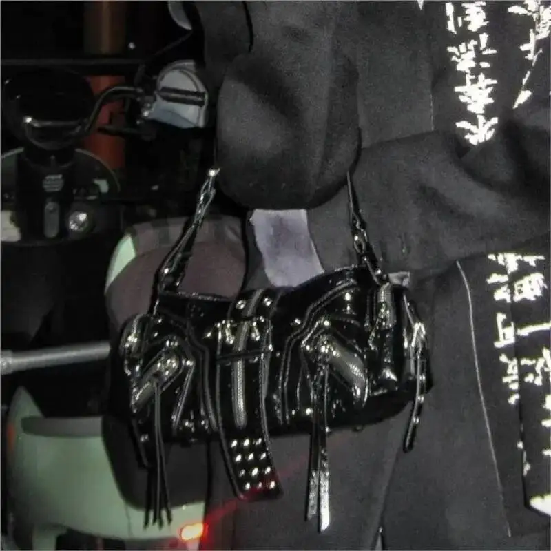 Bloom Moto Biker Black Shoulder Wallet Women Sweet Cool Leather Y2k Handbag Ladies High Street Casual Crossbody Bags 2025