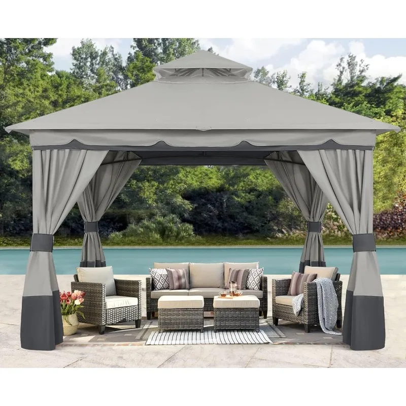 

Outdoor Gazebo, Double Roof Patio Gazebo with Shade Curtains