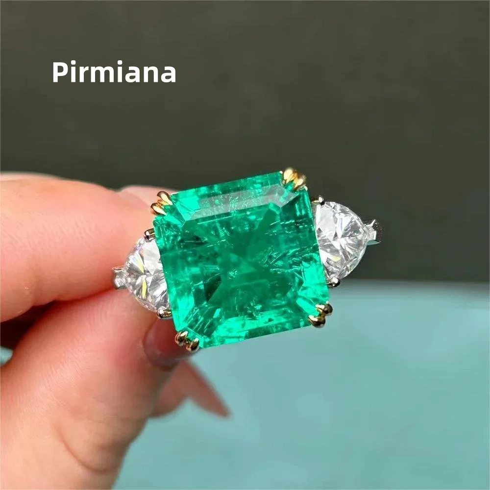 Pirmiana Classic Three Stones Ring 18K White Gold 12ct Lab Grown Emerald Engagementring for Women