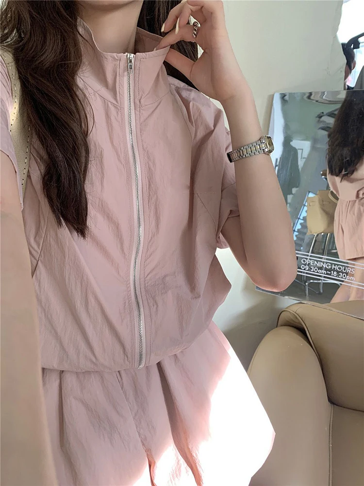 Summer Casual Two Piece Set For Women Loose Jacket Short Sleeve Coat High Waist Short Suit Korean 2 Piece Pant Sets