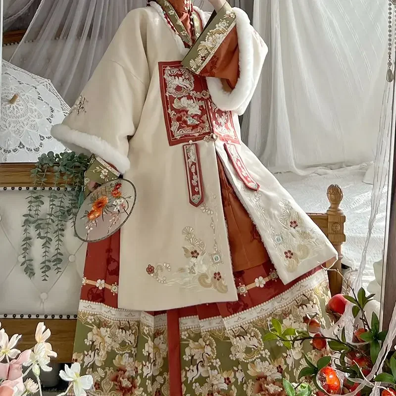 Mamianqun Hanfu 명나라 스타일 자수 칼라 셔츠 빨간색 한 정장 스탠드 칼라 & 두꺼운 말 얼굴 흰색 스커트 가을과 겨울